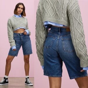 NEW Topshop Editor Longline Denim Jean‎ Shorts Size 10 Button Fly Medium Cotton